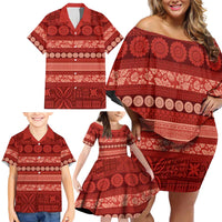 Fiji Marau na Kerisimasi Family Matching Off Shoulder Short Dress and Hawaiian Shirt Red Tapa Masi Inspired Christmas LT9 - Polynesian Pride
