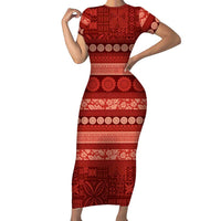 Fiji Marau na Kerisimasi Short Sleeve Bodycon Dress Red Tapa Masi Inspired Christmas LT9 Long Dress Red - Polynesian Pride