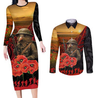 Maori Kiwi Soldier Fern Tattoo ANZAC Day Couples Matching Long Sleeve Bodycon Dress and Long Sleeve Button Shirt Lest We Forget