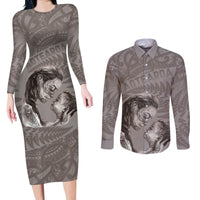 New Zealand Mother's Day Couples Matching Long Sleeve Bodycon Dress and Long Sleeve Button Shirt Maori Mo Toku Mama Silver Fern LT9 Nude - Polynesian Pride