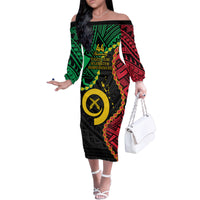 Personalised Vanuatu 44th Anniversary Family Matching Off The Shoulder Long Sleeve Dress and Hawaiian Shirt Tugeta Yumi Selebretem Indipendens Dei