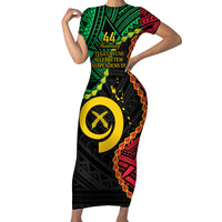 Personalised Vanuatu 44th Anniversary Family Matching Short Sleeve Bodycon Dress and Hawaiian Shirt Tugeta Yumi Selebretem Indipendens Dei LT9 Mom's Dress Black - Polynesian Pride