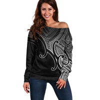 Aotearoa Maori Koru Off Shoulder Sweater Polynesian Pacific Tribal - Black LT9 Women Black - Polynesian Pride