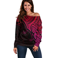 Custom Aotearoa Maori Koru Off Shoulder Sweater Polynesian Pacific Tribal - Pink LT9 Women Pink - Polynesian Pride