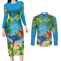5 Oclock Somewhere Couples Matching Long Sleeve Bodycon Dress and Long Sleeve Button Shirt Hawaii Parrots Cocktail Summer Beach Vibe LT9 Blue - Polynesian Pride