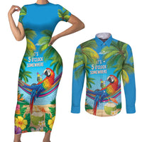 5 Oclock Somewhere Couples Matching Short Sleeve Bodycon Dress and Long Sleeve Button Shirt Hawaii Parrots Cocktail Summer Beach Vibe LT9 Blue - Polynesian Pride