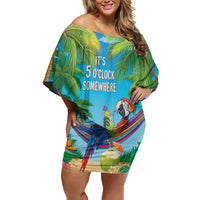 5 Oclock Somewhere Off Shoulder Short Dress Hawaii Parrots Cocktail Summer Beach Vibe LT9 Women Blue - Polynesian Pride