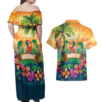 5 Oclock Somewhere Personalized Couples Matching Off Shoulder Maxi Dress and Hawaiian Shirt Hawaii Parrots Plumeria Summer Vibe LT9 - Polynesian Pride