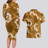 Mokihana Maile and Ilima Leis Couples Matching Long Sleeve Bodycon Dress and Hawaiian Shirt Alani Hawaiian Tapa Quilt Pattern - Polynesian Pride