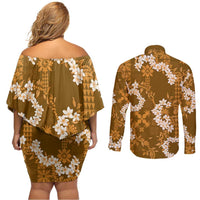 Mokihana Maile and Ilima Leis Couples Matching Off Shoulder Short Dress and Long Sleeve Button Shirt Alani Hawaiian Tapa Quilt Pattern - Polynesian Pride