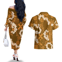 Mokihana Maile and Ilima Leis Couples Matching Off The Shoulder Long Sleeve Dress and Hawaiian Shirt Alani Hawaiian Tapa Quilt Pattern - Polynesian Pride