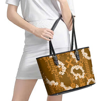 Mokihana Maile and Ilima Leis Leather Tote Bag Alani Hawaiian Tapa Quilt Pattern - Polynesian Pride