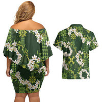 Mokihana Maile and Ilima Leis Couples Matching Off Shoulder Short Dress and Hawaiian Shirt Omaʻomaʻo Hawaiian Tapa Quilt Pattern - Polynesian Pride