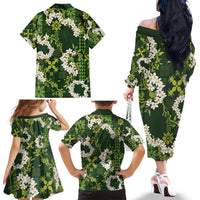 Mokihana Maile and Ilima Leis Family Matching Off The Shoulder Long Sleeve Dress and Hawaiian Shirt Omaʻomaʻo Hawaiian Tapa Quilt Pattern - Polynesian Pride