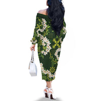 Mokihana Maile and Ilima Leis Family Matching Off The Shoulder Long Sleeve Dress and Hawaiian Shirt Omaʻomaʻo Hawaiian Tapa Quilt Pattern - Polynesian Pride