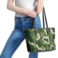 Mokihana Maile and Ilima Leis Leather Tote Bag Omaʻomaʻo Hawaiian Tapa Quilt Pattern - Polynesian Pride