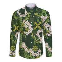 Mokihana Maile and Ilima Leis Long Sleeve Button Shirt Omaʻomaʻo Hawaiian Tapa Quilt Pattern - Polynesian Pride