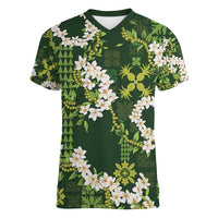 Mokihana Maile and Ilima Leis Women V-Neck T-Shirt Omaʻomaʻo Hawaiian Tapa Quilt Pattern LT9 Female Green - Polynesian Pride