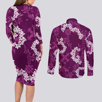 Mokihana Maile and Ilima Leis Couples Matching Long Sleeve Bodycon Dress and Long Sleeve Button Shirt Akala Hawaiian Tapa Quilt Pattern - Polynesian Pride