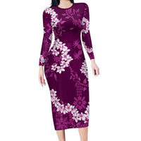 Mokihana Maile and Ilima Leis Long Sleeve Bodycon Dress Akala Hawaiian Tapa Quilt Pattern - Polynesian Pride