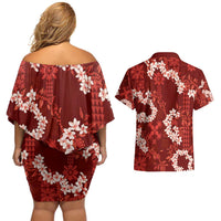 Mokihana Maile and Ilima Leis Couples Matching Off Shoulder Short Dress and Hawaiian Shirt Ulaʻula Hawaiian Tapa Quilt Pattern - Polynesian Pride