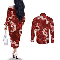 Mokihana Maile and Ilima Leis Couples Matching Off The Shoulder Long Sleeve Dress and Long Sleeve Button Shirt Ulaʻula Hawaiian Tapa Quilt Pattern - Polynesian Pride