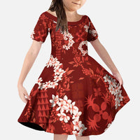 Mokihana Maile and Ilima Leis Family Matching Long Sleeve Bodycon Dress and Hawaiian Shirt Ulaʻula Hawaiian Tapa Quilt Pattern LT9 Daughter's Dress Red - Polynesian Pride