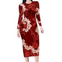 Mokihana Maile and Ilima Leis Family Matching Long Sleeve Bodycon Dress and Hawaiian Shirt Ulaʻula Hawaiian Tapa Quilt Pattern LT9 Mom's Dress Red - Polynesian Pride
