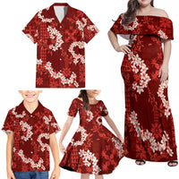 Mokihana Maile and Ilima Leis Family Matching Off Shoulder Maxi Dress and Hawaiian Shirt Ulaʻula Hawaiian Tapa Quilt Pattern - Polynesian Pride