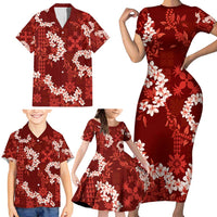 Mokihana Maile and Ilima Leis Family Matching Short Sleeve Bodycon Dress and Hawaiian Shirt Ulaʻula Hawaiian Tapa Quilt Pattern - Polynesian Pride