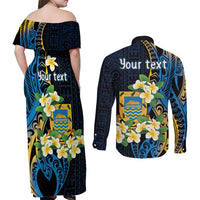 Personalised Tuvalu Beautiful Plumeria Flower Couples Matching Off Shoulder Maxi Dress and Long Sleeve Button Shirt