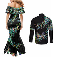 New Zealand Couples Matching Mermaid Dress and Long Sleeve Button Shirt Aotearoa Silver Fern Mixed Papua Shell Green Vibe LT9 - Polynesian Pride