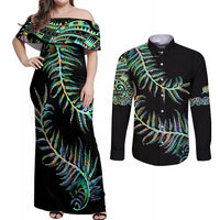 New Zealand Couples Matching Off Shoulder Maxi Dress and Long Sleeve Button Shirt Aotearoa Silver Fern Mixed Papua Shell Green Vibe LT9 Green - Polynesian Pride