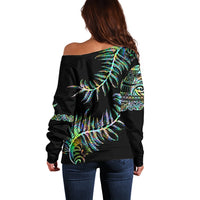 New Zealand Off Shoulder Sweater Aotearoa Silver Fern Mixed Papua Shell Green Vibe LT9 - Polynesian Pride