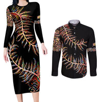 New Zealand Couples Matching Long Sleeve Bodycon Dress and Long Sleeve Button Shirt Aotearoa Silver Fern Mixed Papua Shell Red Vibe LT9 Red - Polynesian Pride