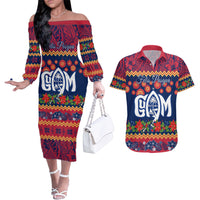 Personalised Guam Christmas Couples Matching Off The Shoulder Long Sleeve Dress and Hawaiian Shirt Felis Pusgua Santa Beach Polynesian Pattern LT9 Blue - Polynesian Pride