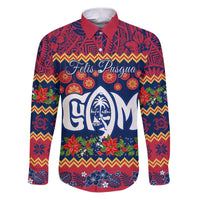 Personalised Guam Christmas Family Matching Puletasi Dress and Hawaiian Shirt Felis Pusgua Santa Beach Polynesian Pattern LT9 Dad's Shirt - Long Sleeve Blue - Polynesian Pride