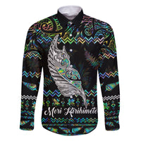 Personalised New Zealand Christmas Family Matching Off Shoulder Maxi Dress and Hawaiian Shirt Maori Fern Manaia Meri Kirihimete with Papaua Shell LT9 Dad's Shirt - Long Sleeve Black - Polynesian Pride