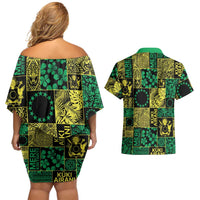 Cook Islands Mere Kiritimiti Couples Matching Off Shoulder Short Dress and Hawaiian Shirt Pacific Patchwork Xmas Vibes - Polynesian Pride