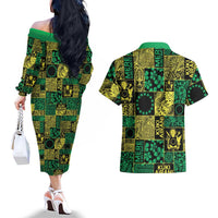 Cook Islands Mere Kiritimiti Couples Matching Off The Shoulder Long Sleeve Dress and Hawaiian Shirt Pacific Patchwork Xmas Vibes LT9 - Polynesian Pride