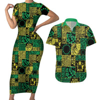 Cook Islands Mere Kiritimiti Couples Matching Short Sleeve Bodycon Dress and Hawaiian Shirt Pacific Patchwork Xmas Vibes LT9 Green - Polynesian Pride