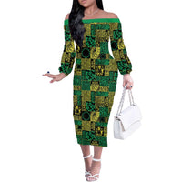 Cook Islands Mere Kiritimiti Family Matching Off The Shoulder Long Sleeve Dress and Hawaiian Shirt Pacific Patchwork Xmas Vibes LT9 Mom's Dress Green - Polynesian Pride