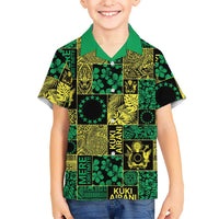 Cook Islands Mere Kiritimiti Family Matching Off The Shoulder Long Sleeve Dress and Hawaiian Shirt Pacific Patchwork Xmas Vibes LT9 Son's Shirt Green - Polynesian Pride