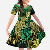 Cook Islands Mere Kiritimiti Family Matching Off Shoulder Maxi Dress and Hawaiian Shirt Pacific Patchwork Xmas Vibes LT9 Daughter's Dress Green - Polynesian Pride