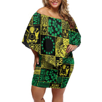 Cook Islands Mere Kiritimiti Family Matching Off Shoulder Short Dress and Hawaiian Shirt Pacific Patchwork Xmas Vibes LT9 Mom's Dress Green - Polynesian Pride