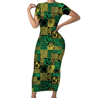 Cook Islands Mere Kiritimiti Family Matching Short Sleeve Bodycon Dress and Hawaiian Shirt Pacific Patchwork Xmas Vibes LT9 Mom's Dress Green - Polynesian Pride
