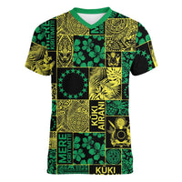 Cook Islands Mere Kiritimiti Women V-Neck T-Shirt Pacific Patchwork Xmas Vibes - Polynesian Pride