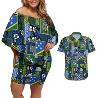 Solomon Islands Meri Kirihimete Couples Matching Off Shoulder Short Dress and Hawaiian Shirt Pacific Patchwork Xmas Vibes LT9 Blue - Polynesian Pride