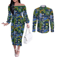 Solomon Islands Meri Kirihimete Couples Matching Off The Shoulder Long Sleeve Dress and Long Sleeve Button Shirt Pacific Patchwork Xmas Vibes LT9 Blue - Polynesian Pride