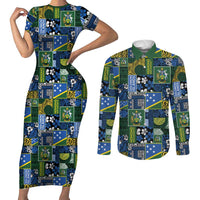 Solomon Islands Meri Kirihimete Couples Matching Short Sleeve Bodycon Dress and Long Sleeve Button Shirt Pacific Patchwork Xmas Vibes LT9 Blue - Polynesian Pride